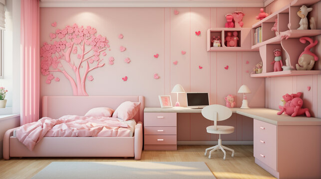 New decor of stylish pink girls room. Pink little princess room with desk and chair. generative ai