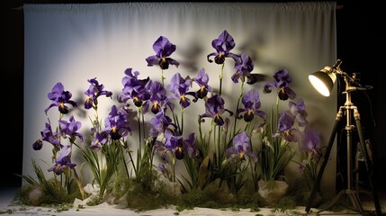 Sweeps of gold paint on ivory marble, backdrop for a crown of deep purple irises. Art design for wedding, jewel, gem, fashion, opulence, glamour. 