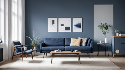 Luxury living room in house with modern interior design, blue wall. stylish boho composition at living room interior with design gray sofa, wooden coffee table and elegant personal accessories.