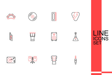 Set line Audio jack, Guitar neck, Conga drums, Vinyl player with vinyl disk, Balalaika, Stereo speaker, African percussion and Keytar icon. Vector