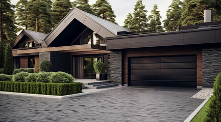 Fototapeta na wymiar Luxurious new construction home. Modern style home with car garage . 