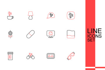 Set line Eye sleep mask, Earplugs with storage box, Sleeping pill, Pillow, Moon and stars, and Dream catcher feathers icon. Vector