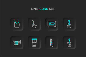 Set line Electric bass guitar, Keytar, African percussion drum, Trumpet, Guitar, Retro audio cassette tape, Saxophone and Conga drums icon. Vector