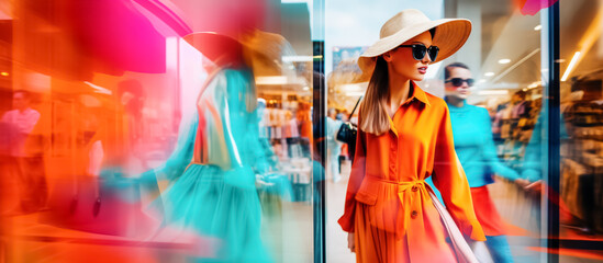 Blurred background of a modern shopping mall with some shoppers. Stylish glamorous young woman enjoying shopping at a mall or boutique. 
