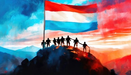 Silhouettes of soldiers placing Luxemburg national flag on the peak of a mountain