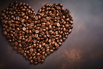 Coffee bean in heart shape, bunch of coffee beans on flat surface, top camera angle. Generative AI