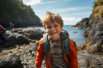 Adventurous 5-Year-Old Boy Exploring Coastal Rocks in Summer