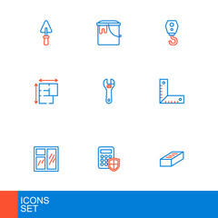 Set line Brick, Security keypad access panel, Window in room, Corner ruler, House plan, Adjustable wrench, Crane hook and Paint bucket icon. Vector