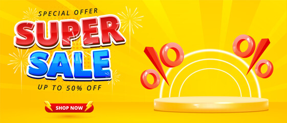 sale promo banner template with podium and flying discount. Discount promotion layout banner template design.