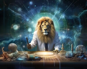 Lion Scientist conducting groundbreaking research - obrazy, fototapety, plakaty