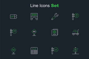 Set line Road traffic sign, Toilet, Train station board, Speed limit 100 km, Trolley suitcase, Passport, Railroad crossing and Cafe and restaurant location icon. Vector