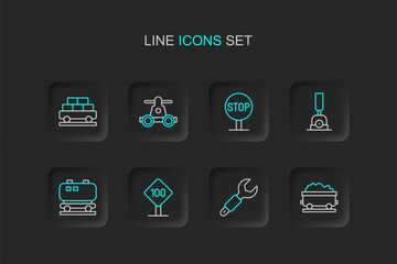 Set line Coal train wagon, Wrench spanner, Speed limit traffic sign 100 km, Oil railway cistern, Arrow for switching the, Stop, Handcar transportation and Cargo icon. Vector