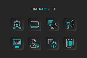 Set line Wish list template, Hot price, Buyer, Online shopping on screen, Megaphone, Telephone 24 hours support, Credit card and Stars rating icon. Vector