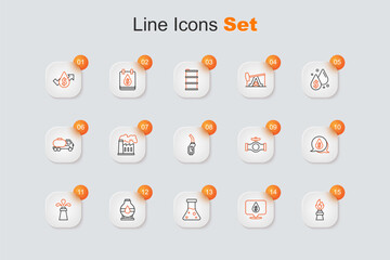 Set line Oil rig with fire, drop dollar symbol, petrol test tube, tank storage, pipe valve and Gasoline pump nozzle icon. Vector