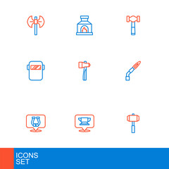 Set line Sledgehammer, Blacksmith anvil tool, Horseshoe, Welding torch, mask, Hammer, and oven icon. Vector