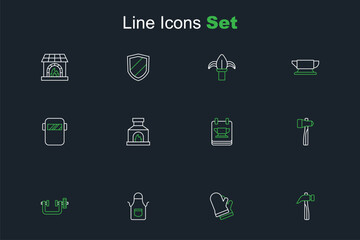 Set line Hammer, Protective gloves, Blacksmith apron, Clamp and screw tool, anvil, oven and Welding mask icon. Vector