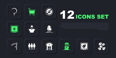 Set Seeds of specific plant, Scarecrow, Well, Colorado beetle, Fruit trees, Wheelbarrow and Farm house icon. Vector