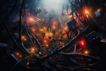 Fototapeta premium Data Gridlock: Network Cables in Turmoil