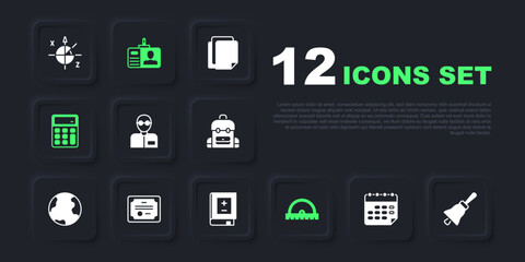 Set School timetable, Ringing bell, Teacher, Protractor grid, Calculator, Certificate template, Identification badge and Book with mathematics icon. Vector