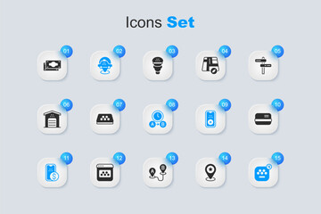 Set Location with star, Taxi car roof, taxi, Mobile banking, mobile app, Credit card, Stacks paper money cash and waiting time icon. Vector