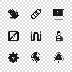 Set Global planet with thunderbolt, Electrician, High voltage, cable, Book about electricity, glove, extension and No lightning icon. Vector