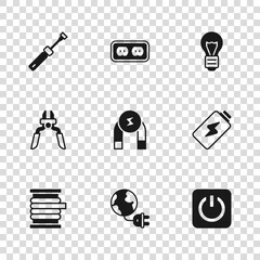 Set Global energy planet with plug, Battery charge, Power button, Magnet, Creative lamp light idea, Screwdriver, Electrical outlet and Pliers tool icon. Vector