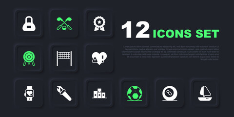 Set Billiard pool snooker ball, Yacht sailboat, Volleyball net, Soccer football, Target sport, Torch flame, Ice hockey sticks and puck and Award over sports winner podium icon. Vector