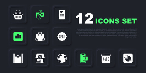 Set Advertising, Pie chart infographic, Paper shopping bag, Mobile, Market store, Stacks paper money cash and Worldwide icon. Vector