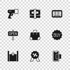 Set Discount percent tag, Buy button, Mobile shopping, Paper bag, Barcode, Scanner scanning bar, Stacks paper money cash and Hanging sign with text Open icon. Vector