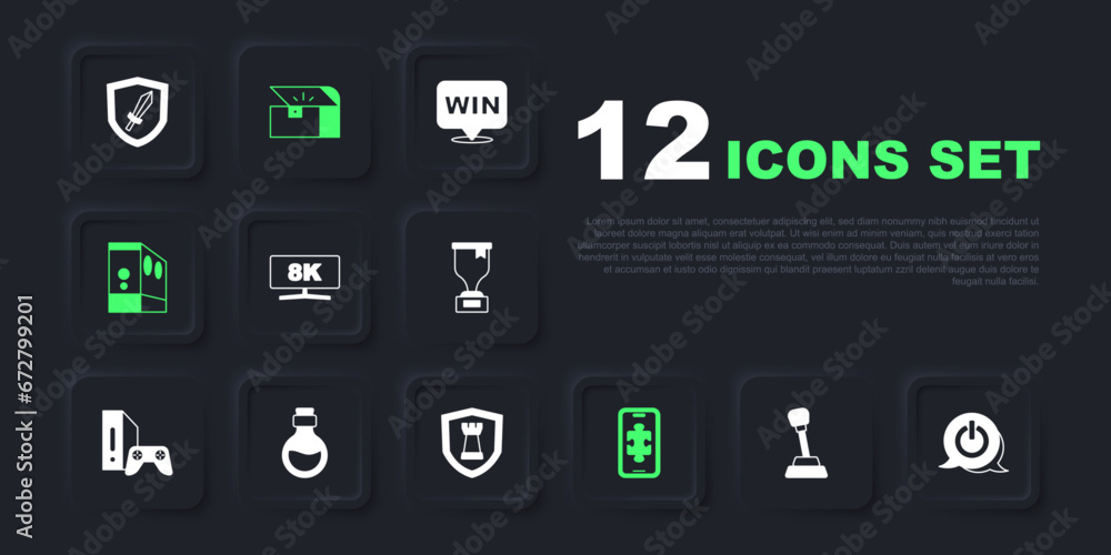 Poster set gear shifter, power button, computer monitor, mobile gaming, case of computer, bottle with magic