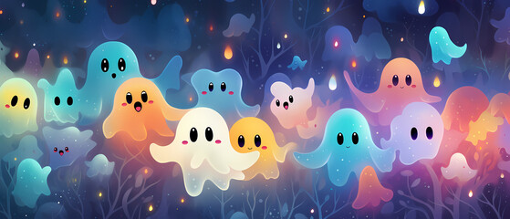 Cute cartoon ghosts with eyes and mouths in water. Abstract watercolor background