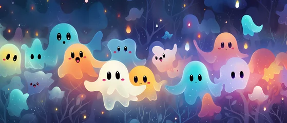 Papier Peint photo Lavable Vie marine Cute cartoon ghosts with eyes and mouths in water. Abstract watercolor background