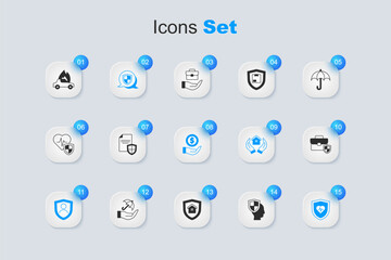 Set Life insurance with shield, Contract, Shield, Briefcase, Burning car and Money icon. Vector