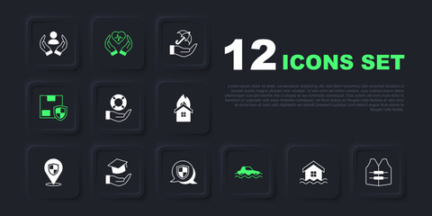 Set House flood, Life jacket, Lifebuoy in hand, Flood car, Delivery security with shield, Education grant, insurance and Shield icon. Vector