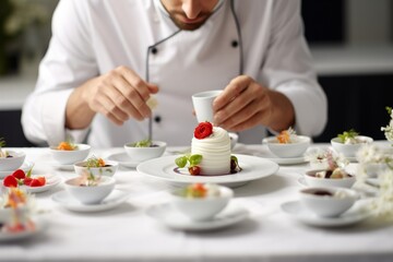 Obraz na płótnie Canvas Skilled food stylist artfully decorating a meal for presentation in a trendy restaurant