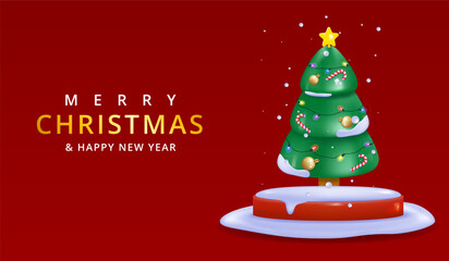 Merry Christmas and Happy New Year background. sale promotion poster banner with product display and festive decoration red background.
