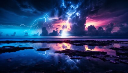 Vibrant lightning bolt illuminating the dark sky on the mesmerizing horizon of the vast sea