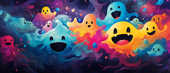 Fototapeta na wymiar Funny cartoon ghosts with different emotions. Halloween background.