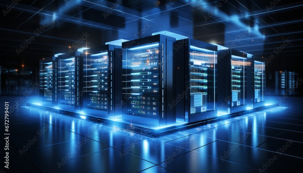 Poster visually captivating modern data center with state of the art server racks emitting a soft blue glow
