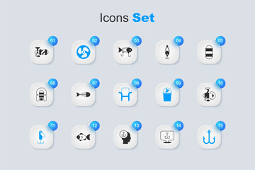 Set Fishing hook, skeleton, Outboard boat motor, lure, Spinning reel for fishing, and Camping folding chair icon. Vector