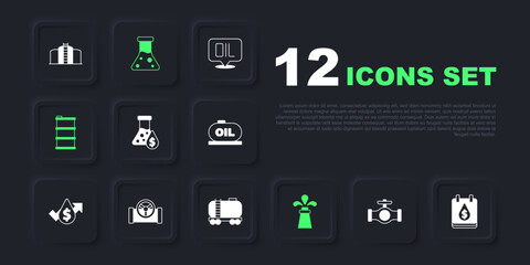 Set Oil pipe with valve, drop dollar symbol, petrol test tube, rig, Barrel oil, and railway cistern icon. Vector