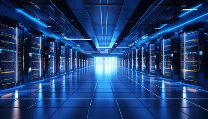 Visually captivating modern data center with organized server racks emitting a soft blue glow