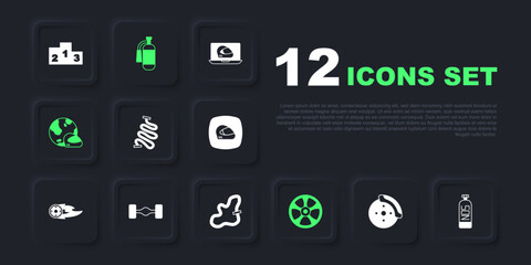 Set Car brake disk with caliper, Nitrous oxide, Racing track, Alloy wheel for car, helmet, Chassis, Fire extinguisher and icon. Vector