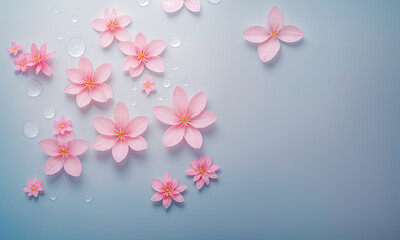 Cosmetic product minimal blue background with pink flowers. show cosmetic product, Showcase, shopfront, display case. copy space