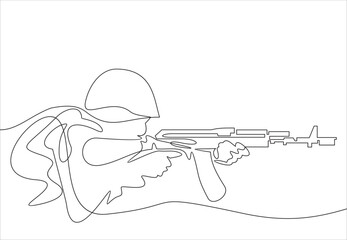 A soldier of the Armed Forces of Ukraine shoots from a machine gun. Color drawing in one line. Print for logos and various designs. Vector illustration