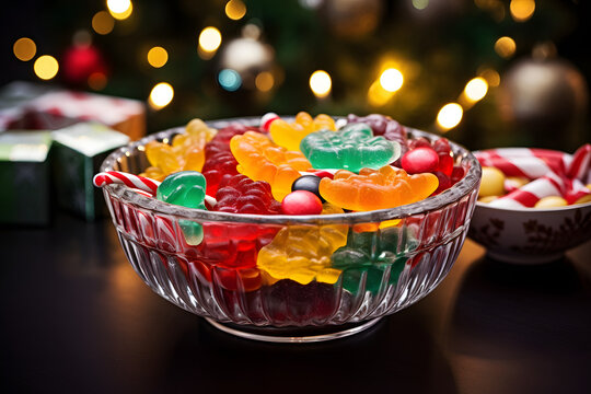 lots of multicolor jellies in a crystal white glass bowl with sparkling lights at the back another printed bowl of Christmas cane candies, some gifts boxes on the table 