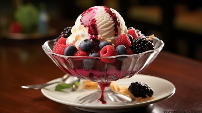An image of a berry ice cream dessert in a crystal clear glass.