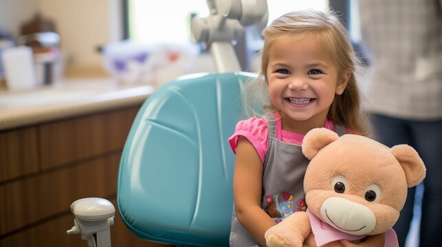 The girl sits in a comfortable dental chair.