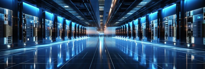 Sleek modern data center with state of the art server racks emitting a mesmerizing blue glow