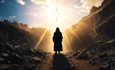 Jesus Christ standing at entrance to tomb. resurrection of Christ. light from heaven. Jesus is...